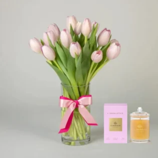 Tulips in a vase(10) + Candle