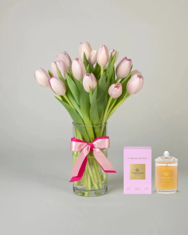 Tulips in a vase(10) + Candle